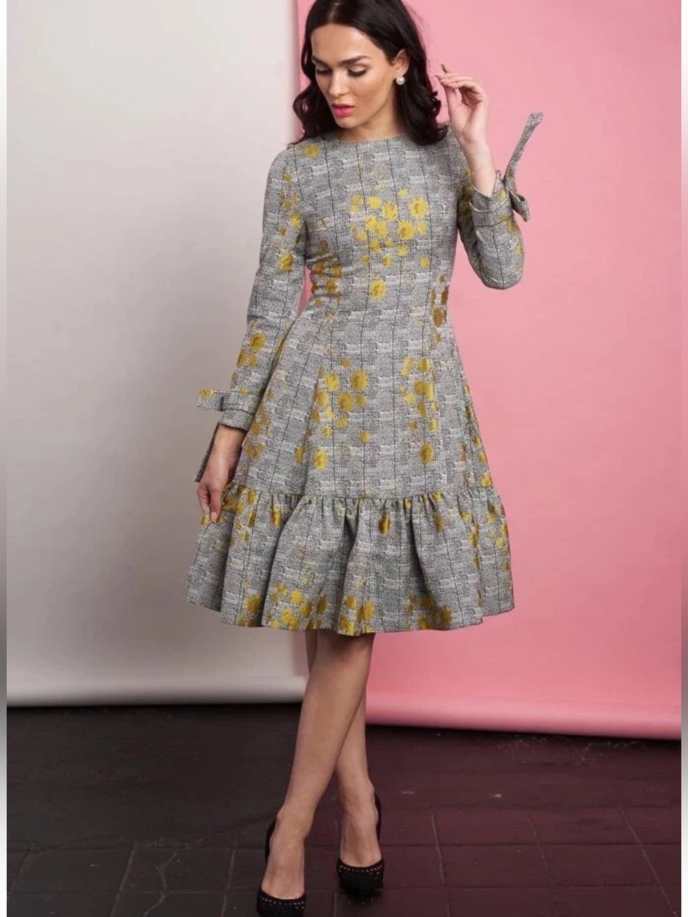 Apparalel Women Large Gray Plaid Mustard Floral Midi Dress Ribbon Tie Sleeves